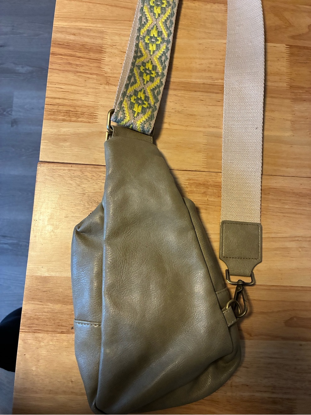 Anthropologie Olive Green Leather Crossbody Sling Bag with Patterned Strap